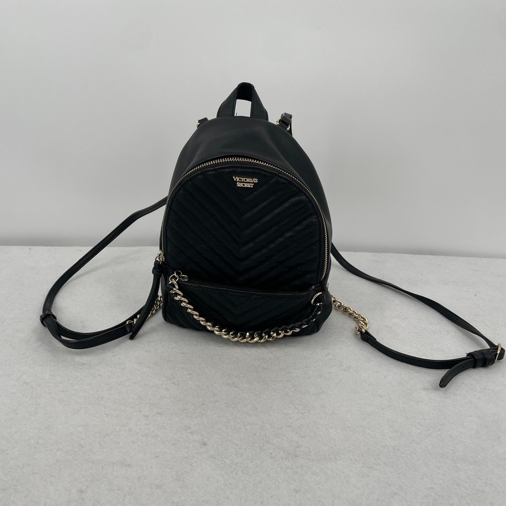 Victorias Secret Black Chevron Quilted Small Backpack Gold Chain Detail 23843306